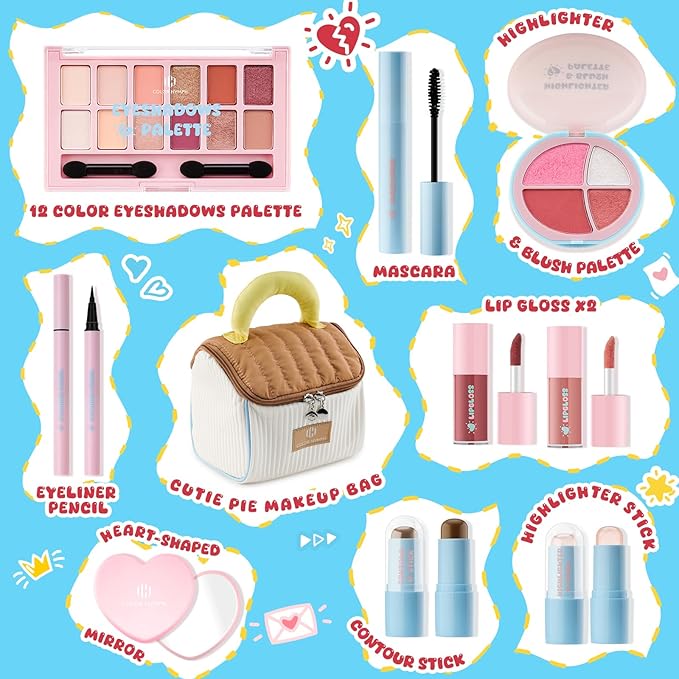 Color Nymph All In One Makeup Kit For Teens Girls with Cute Makeup Handbag, Makeup Gift Set for Women Full Kit Includes Eyeshadow Blush Contour Highlighter Lipgloss Mascara Eyeliner and Mirror