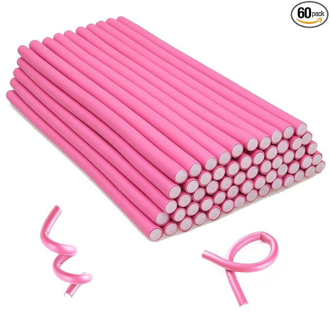 60PCS 9.45" x 0.39" Diameter Small Foam Hair Curlers,Heatless Flexible Curling rod for Short,Medium and Long Hair (0.39 x 9.45 Inch, Pink)