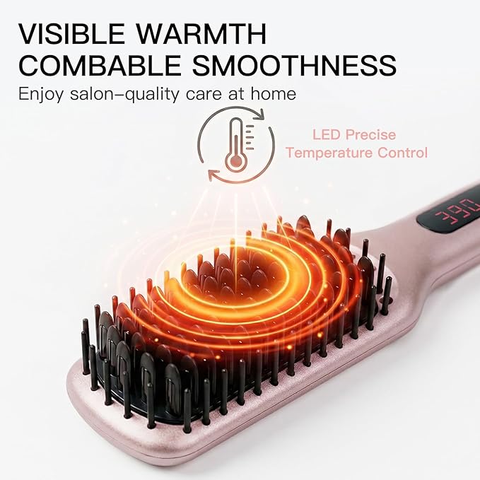 MEGAWISE Hair Straightener Ceramic Brush – Flat Iron Hot Brush, Anti-Scald, Dual Voltage, Rotatable Cord, Auto Shutoff, Anti-Frizz – for All Hair Types (Pink)