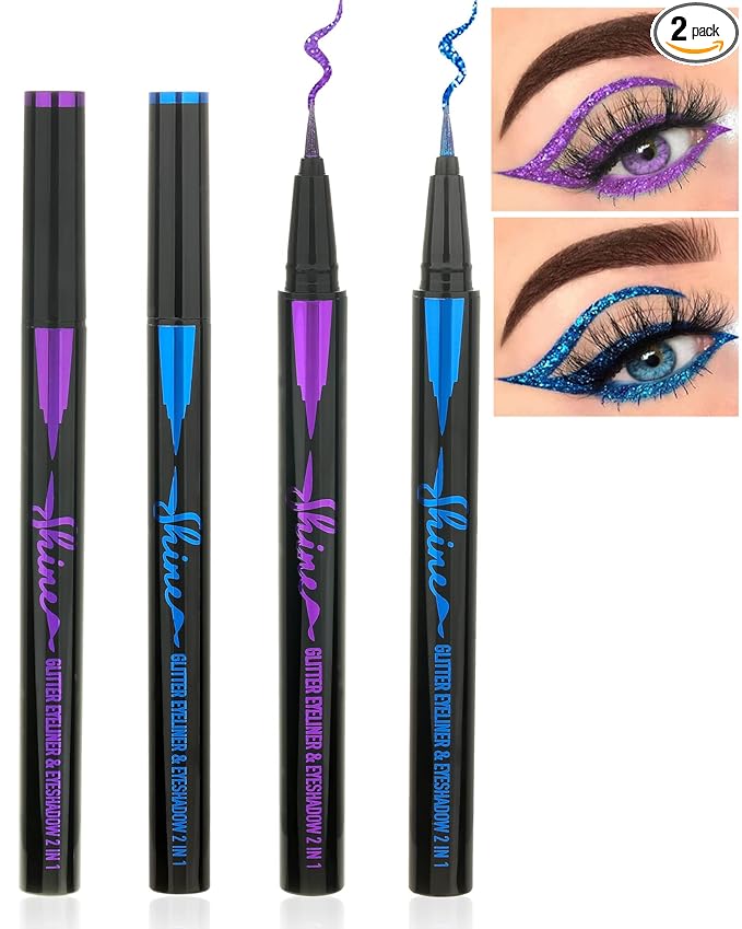 Glitter Eyeliner Liquid Liner Pen-2Pcs Blue Purple Metallic Satin Shimmer Sparkling Eye Liner Eyeshadow Makeup Pen, Long Lasting High Pigmented Waterproof Smudge-proof Eyeliner Pencil, Gift for Women