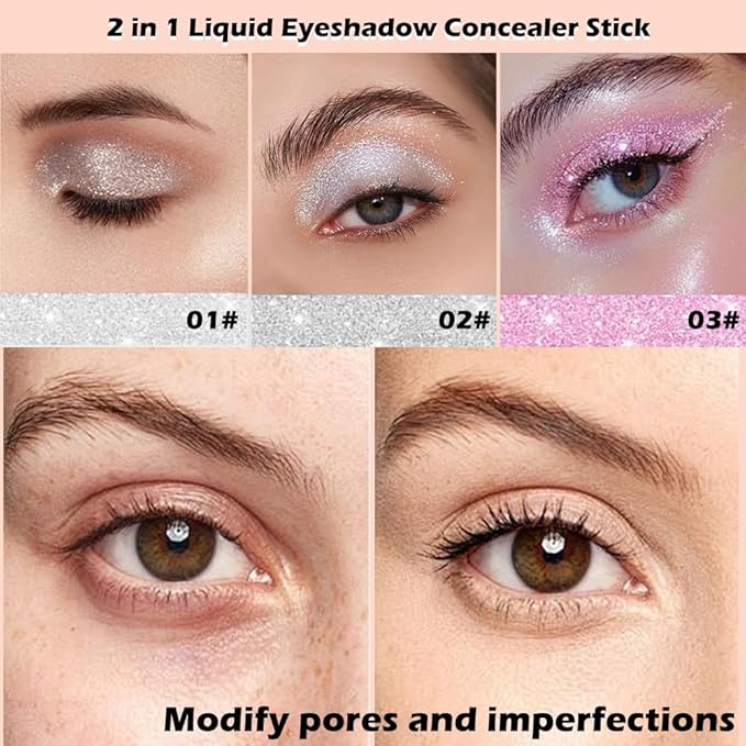 WanTuoluo Double-Headed Liquid Sparkling Eyeshadow Eyeliner Pen for Women, Matte Dark Circle Concealer & Glitter Shimmer Eye Makeup, Highlighter Brightener Stick,Waterproof Quick - Drying (03#)