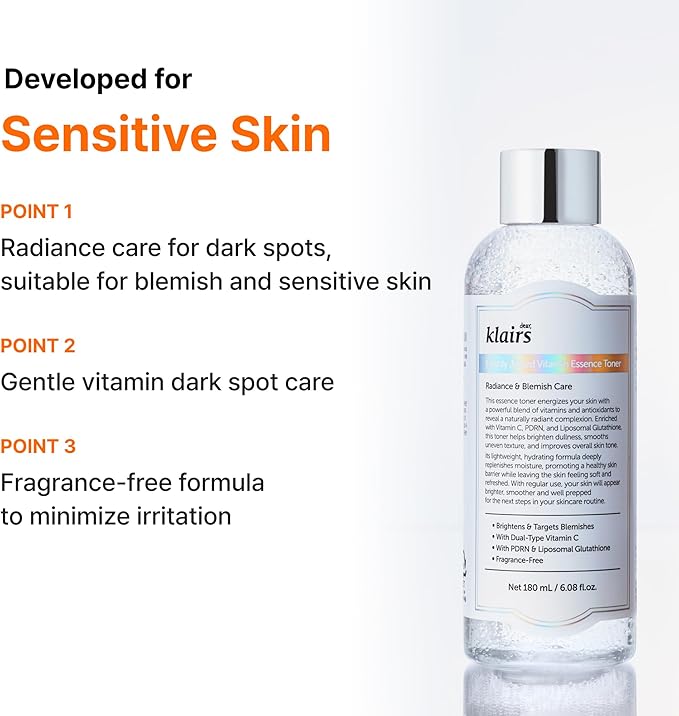 DearKlairs Freshly Juiced Vitamin Essence PDRN Toner – Korean Brightening Liquid Toner with Liposomal Glutathione, Niacinamide & 8000 Vitamin C Capsules, Sensitive Skin Friendly, 1.01 Fl Oz