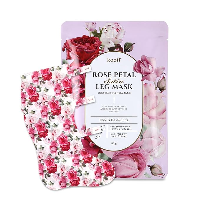 Petitfee koelf Rose Petal Satin Leg mask 1pair- Intensive Cooling & Depuffing Leg Socks, Rose Scented Leg Relieving Mask with Arnica, Pumpkin, Coffee Seed Extract for Tired, Puffy Legs