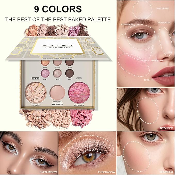 All in One Baked Makeup Face Palette, Includes 6 Eyeshadows, Bronzer, Blush, and Highlighter, Blush and Bronzer Palette, Shimmer & Matte Shades, Long-Lasting Pigmented Powder, Full Size Makeup Set
