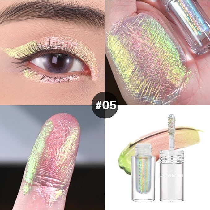 CHARMACY Multichrome Glitter Liquid Eyeshadow, Chameleon Shifting Color, Holographic Metallic Eyeshadow, Long-Lasting Wear, Vegan Eye Topper for Party, Daily Makeup #05