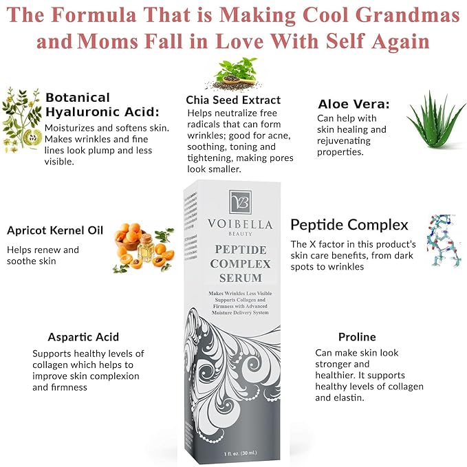 Peptide Complex Serum For Face & Collagen Support - Natural & Organic Anti Aging Skin Serum - Peptides, Hyaluronic Acid, Amino Acids & Vitamin E for Wrinkles, Hydrating, Firming & Elasticity