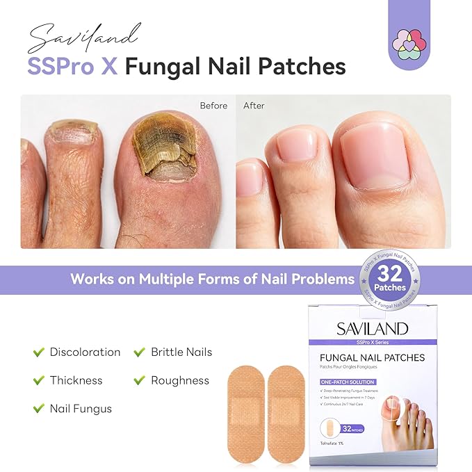 SAVILAND Fungal Nail Patches 32 PCS FSA-HSA Extra Strength: 8H Overnight Repair 1% Tolnaftate Toenail Treatment Nighttime Nail Renewal Restores Damaged Nails Discolored Thick Yellow