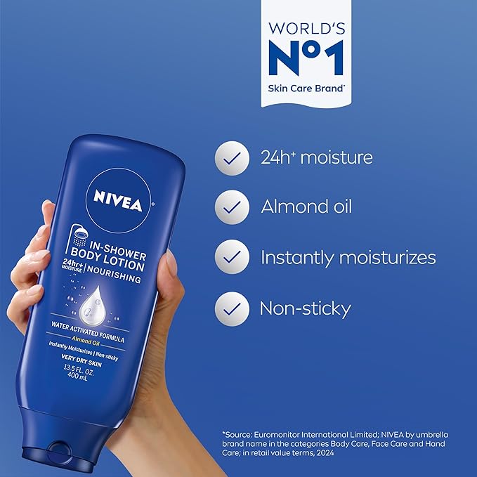 NIVEA Nourishing In Shower Lotion, Water Activated In Shower Moisturizer for Dry to Very Dry Skin, 13.5 FL OZ Bottle