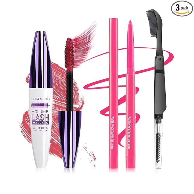 Pink Mascara and Eyeliner Set,5D Colored Mascara Volume and Length Waterproof,Natural Curling rimel de pestañas,Suitable for Women Eye Makeup