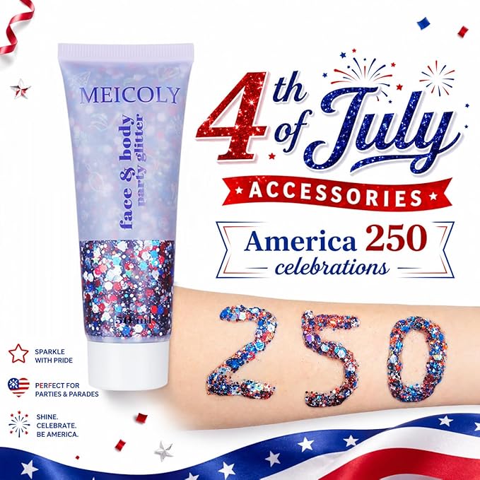 MEICOLY Red White and Blue Body Glitter,4th of July Patriotic Accessories Hair Glitter for Kids,4th of July Outfits for Women,Self-Adhesive Face Glitter for President's Day Veterans Day
