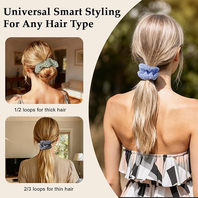 Satin Scrunchies for Women – 8PCS Plaid Mix (Light Blue, Black & White, Pink, Dark Green) Silk Hair Ties – No Crease, Frizz-Free, Retro & Chic Hair Bands for Thick & Thin Hair, Trendy Hair Accessories