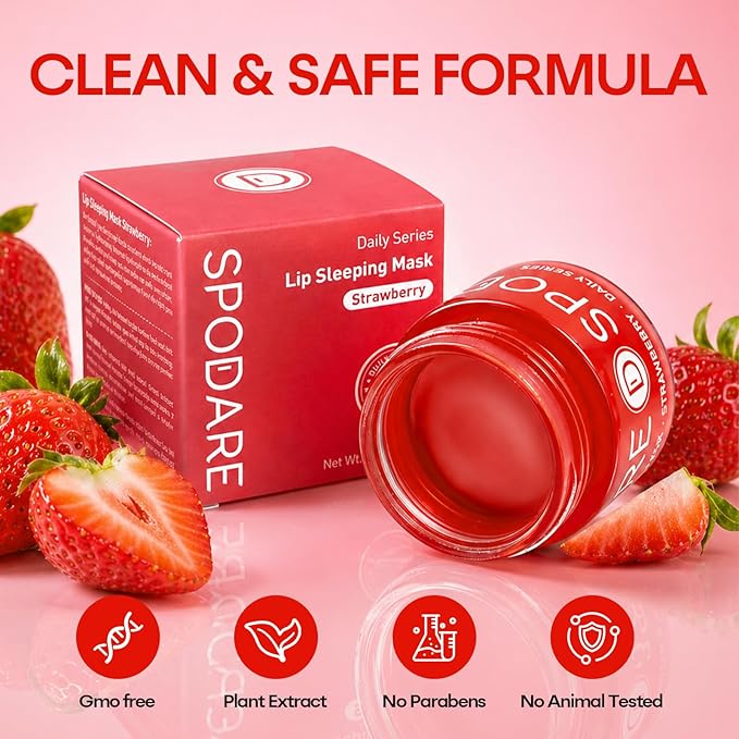 SPODARE Strawberry Sleeping Lip Mask 20g - Overnight Lip Treatment, Lip Care Hydration, Repair for Dry Cracked Lips, Soft and Nourished Lips, Birthday Gifts for Women & Teens