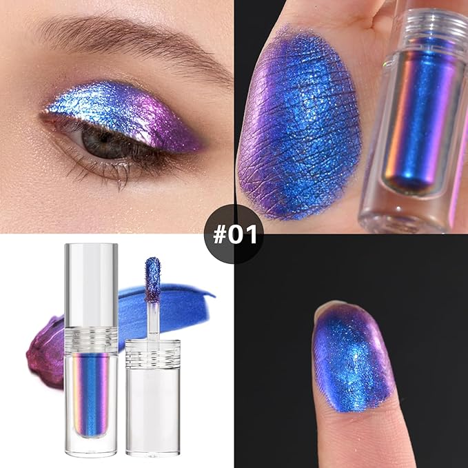 Multichrome Glitter Liquid Eyeshadow, Chameleon Shifting Color, Holographic Metallic Eyeshadow, Long-Lasting Wear, Vegan Eye Topper for Party, Daily Makeup (#01)