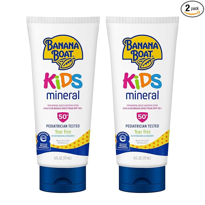 Banana Boat 100% Mineral Kids Sunscreen Lotion SPF 50, Twin Pack | Banana Boat Mineral Sunscreen for Kids, Childrens Sunblock SPF 50, Oxybenzone Free, 6Fl Oz each (Pack of 2)