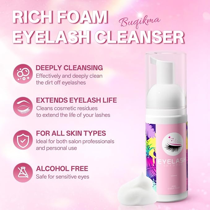 Buqikma Lash Cleaning Kit - Lash Shampoo 60ML with Rechargeable Handheld Fan Dryer, Mascara Brush, Rinse Bottle, Makeup Cleansing Foam for Eyelash Extension Care, Black