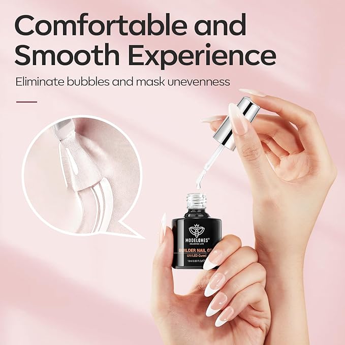 modelones Base Coat Builder Nail Gel, 2 Pcs Clear and Cover Nude Builder Nail Polish, 8-in-One Apex Building Thickening Strengthener Extension Rubber Color for DIY Home Salon Gifts LED Lamp Cured 10ml