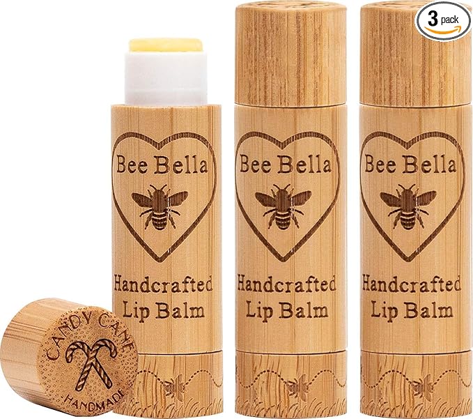 Bee Bella Lip Balm, Candy Cane, 3 Pack - Hydrating, Moisturizing Lip Care, 100% Natural, Original Organic Beeswax with Vitamin E, Handmade in USA