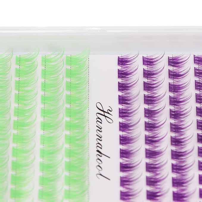 12rows-Large Tray Mixed 8-10-12-14-16mm/Mixed 14-15-16mm/Mixed14mm-16mm/Mixed 18-20mm Wide Stem Individual False Eyelashes Dramatic Black Cluster Eyelashes (LC07-Purple-green-12-14mm)