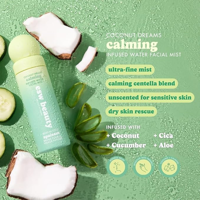 ESW Beauty Coconut Dreams Facial Mist - Hydrating Face Mist - Makeup Primer & Setting Spray - Unscented Face Toner for Sensitive Skin with Coconut Water, Cucumber & Aloe 3.4oz
