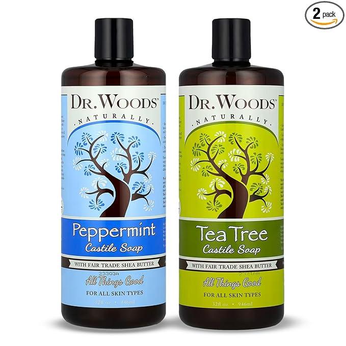 Dr. Woods Liquid Castile Soap - Pure Tea Tree Oil and Peppermint Soap, Body Wash for Men and Women, Contains Organic Shea Butter, Natural Cleaner for Face, Hands, and Body - 32 Fl Oz, Pack of 2