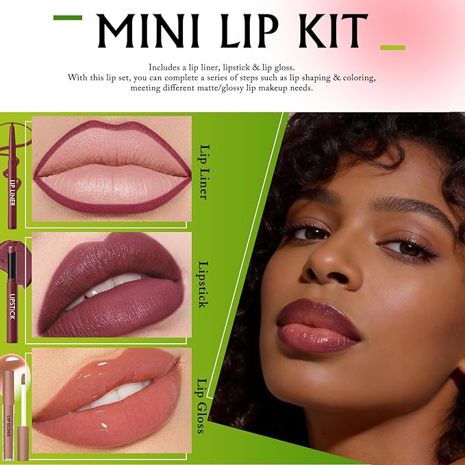 Lip Kit - Creamy Lip Liner Pencil Matte Lipstick Nude Lip Gloss Nourishing Lip Combo Sets for Women, High Pigment Moisturizing Lightweight Long Wear Lip Liner and Gloss Set for Daily/Party
