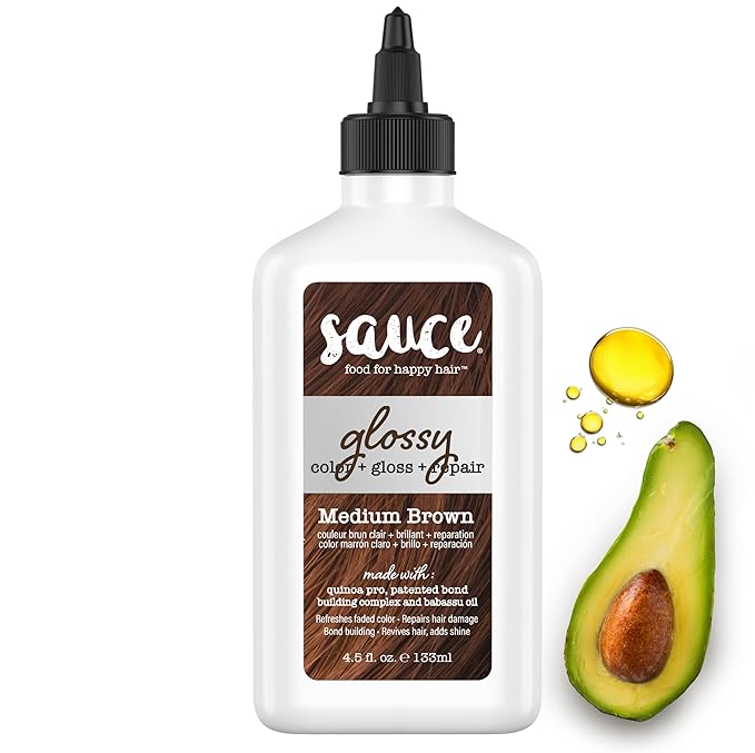 Sauce Beauty Glossy Color + Gloss + Repair, Medium Brown, Semi Permanent Hair Dye with Bond-Building and Color-Fade Protection Technology, Adds Shine & Deep Moisture, Lasts 4-8 Weeks, Stops Fade