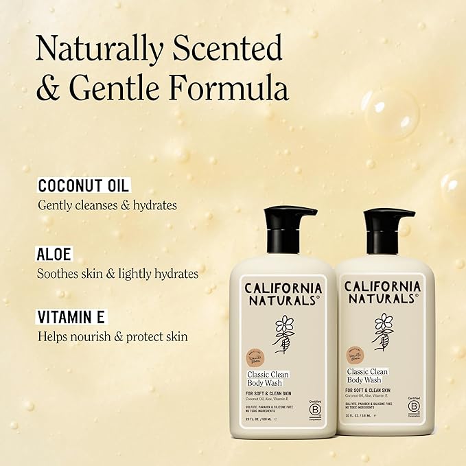 California Naturals Classic Clean Vanilla Bloom Body Wash 2-Pack, Coconut Oil, Shea Butter & Aloe, Naturally Scented, Sulfate, Paraben & Silicone Free, 20 oz