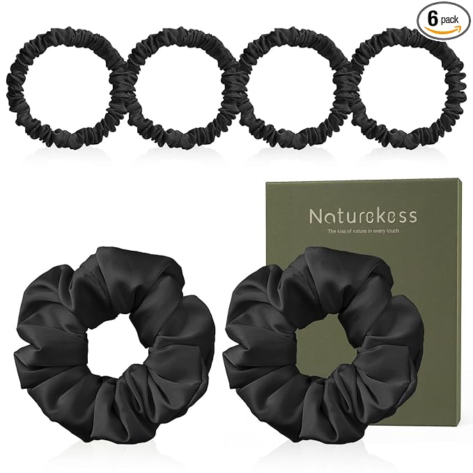 6PCS 100% Mulberry Silk Scrunchies Set, 2 Large and 4 Thin Silk Hair Ties for Women, No Damage Hair Accessories, Black, L