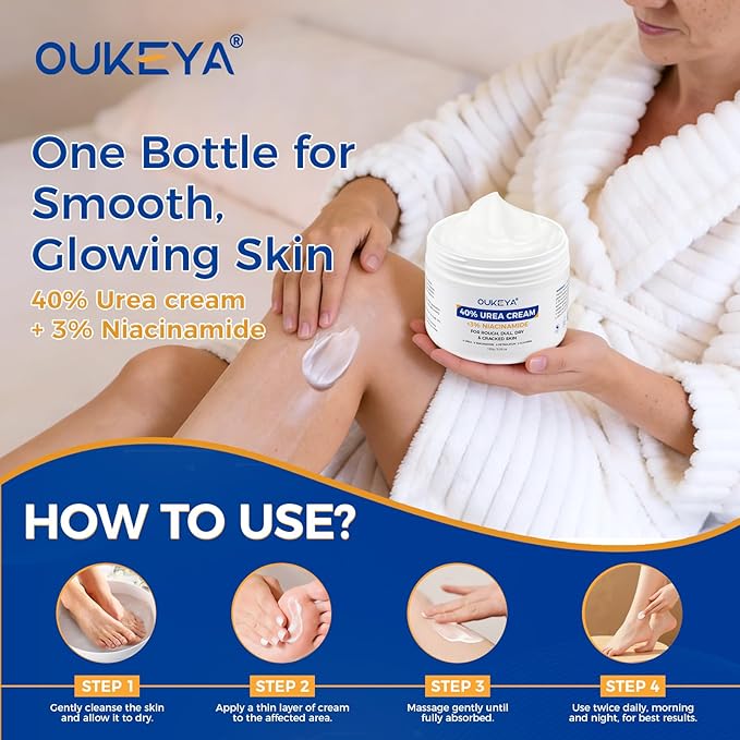 OUKEYA Urea Cream 40 Percent with 3% Niacinamide, Intensive Moisturizer for Extremely Dry Chapped, Rough Skin on Hands, Feet, Elbows & Knees,Deep Hydration & Evens Skin Tone, 5.29oz