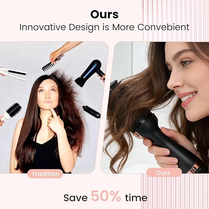 4-in-1 Hair Dryer Brush, Ionic Ceramic Titanium Hot Air Styler with ALCI Safety Plug, 3 Heat Settings for Frizz-Free Blowouts, Salon Volumizer and Straightener (Rose Gold)