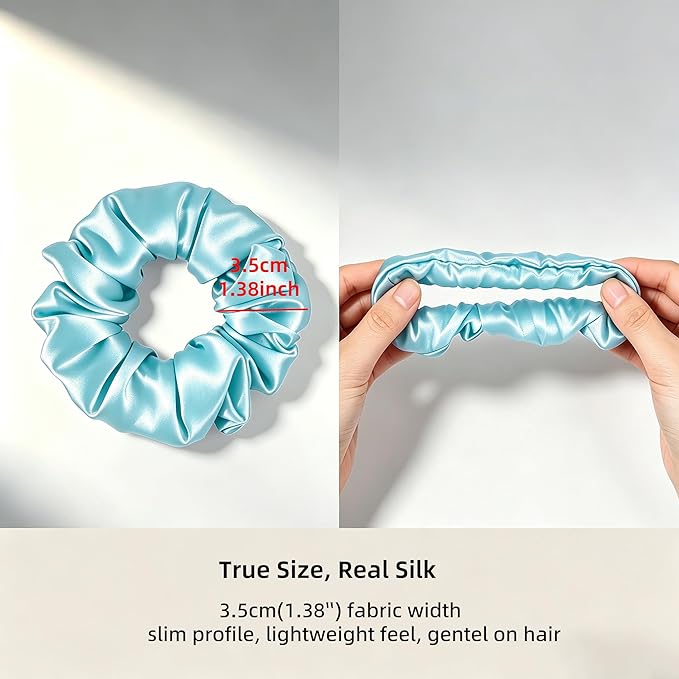 ZLYC 100% Mulberry Silk Scrunchie 19 Momme Gentle Creaseless Hair Tie for Women Dent-Free Ponytail Holder, 3.5cm Solid Light Blue