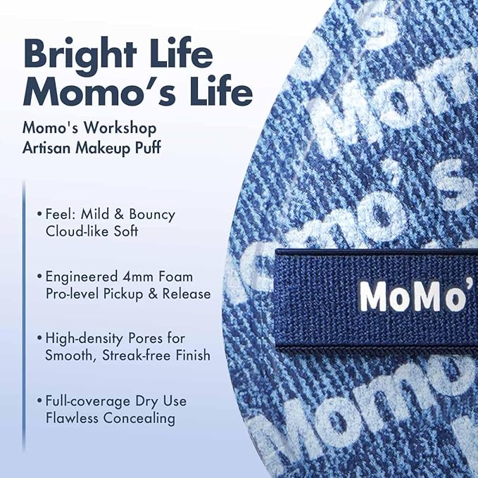 Momo's Workshop Blue Denim Makeup Sponges,Super Soft Blenders for Liquid Foundation, Dual Design (Egg + Flat Edge), Natural Skin-Like Finish, Makeup Puffs for Blending,Travel Friendly,2pcs