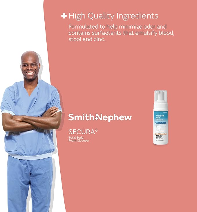 Smith & Nephew 59430200 SECURA Total Body Foam Cleanser, Foaming Waterless Body Cleanser, 4.5 Ounces