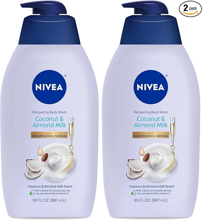 NIVEA Pampering Coconut and Almond Milk Body Wash with Nourishing Serum,Moisturizing Body Wash for Women,Enriched with Provitamin B5 and Vitamin E,30 Fl Oz Bottle,(Pack of 2)