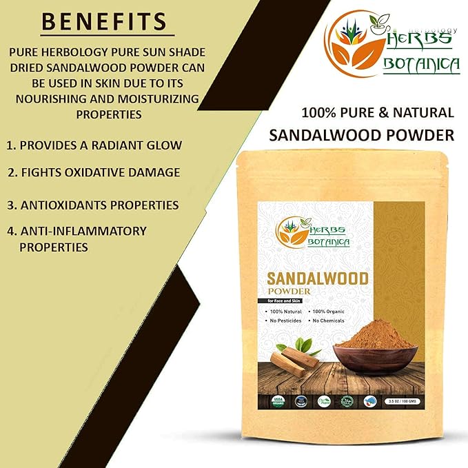 Herbs Botanica Chandan Sandalwood Powder, 100 gm / 3.52 oz, Face Pack & Mask, Tilak, Auspicious Occasions, Natural Cleansing & Soothing Powder.