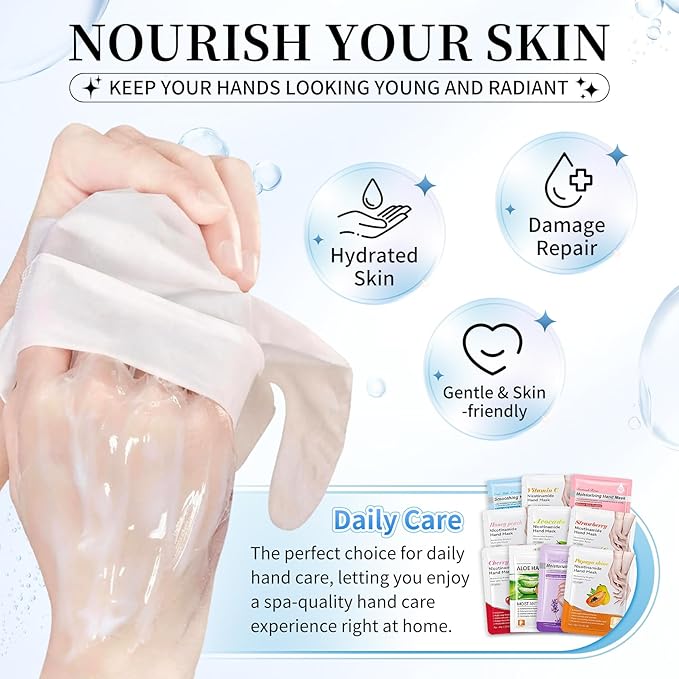 AIUEO 10 PCS Hand Mask Moisturizing Gloves, Hydrating Hand Masks for Dry Cracked Hands, Exfoliating Hand Peeling Mask, Nourishing Collagen Gloves for Hands