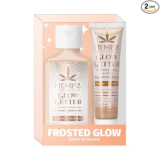 Hempz Frosted Glow Kit, Illuminating Mini Body Lotion and Shimmer Lip Gloss Duo, Limited Edition Glitter Gift Set, 2.25 oz and .44 oz