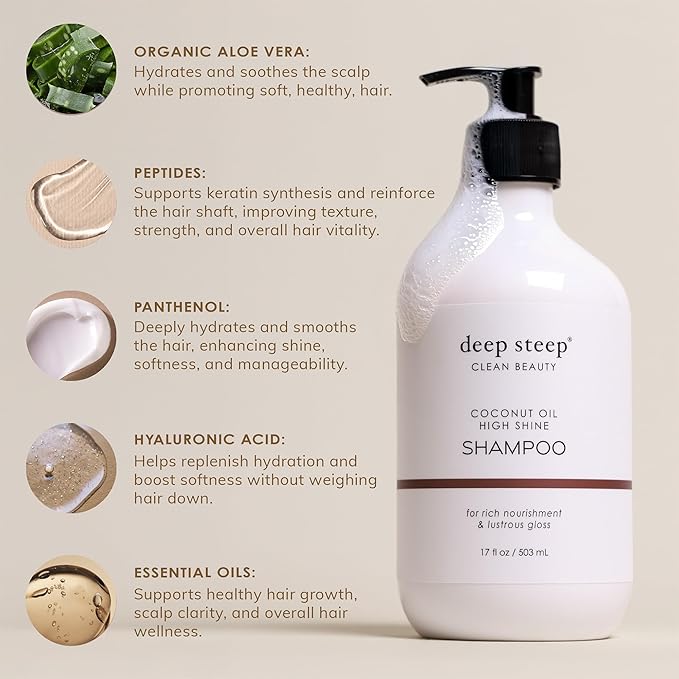 Deep Steep High Shine Coconut Oil Shampoo, 17 oz – Moisturizing Shampoo with Aloe Vera, Argan Oil, Rice Protein & Glycerin – Sulfate-Free, Vegan, Clean Beauty Hair Care, Soft & Glossy Hair