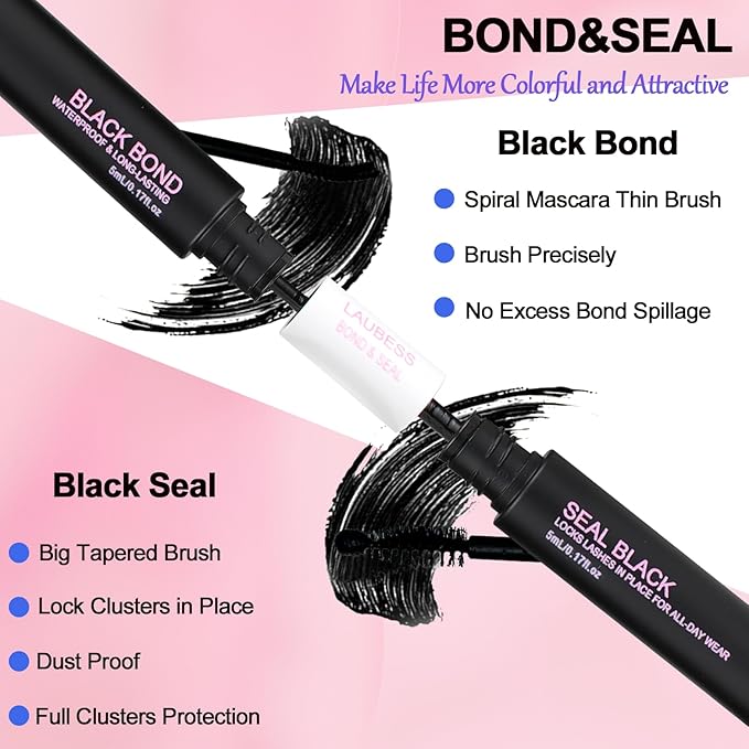 Lash Bond and Seal Waterproof LAUBESS Lash Glue for Eyelash Clusters 2 in 1 Lash Cluster Glue Adhesive Eyelash Glue Home Use Strong Hold 72H 10ml