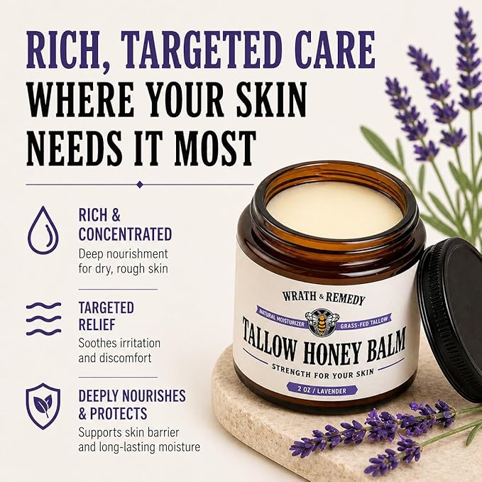 Organic Beef Tallow for Skin - 2OZ (Lavender, Concentrated) — US-Made Grass Fed Tallow and Honey Balm Moisturizer for Face, Hands & Body — Intensive Care for Dry Sensitive Skin, Eczema (No Additives)
