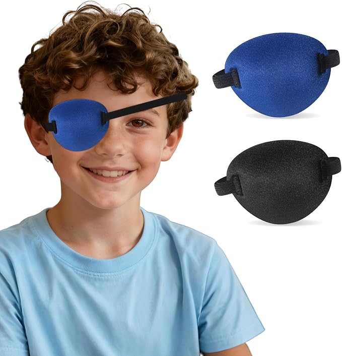 2PCS 3D Eye Patch for Kids, Soft Medical Eye Patches, Adjustable Amblyopia Lazy Eye Patches for Left or Right Eyes(Black, Blue)