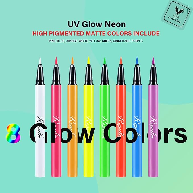 8 Colors Neon Liquid Eyeliner Set, Rainbow UV Glow Neon Makeup Graphic Eyeliners, High Pigmented, Waterproof Smudge-Proof and Long-Lasting Matte Colored Eye Makeup Gift Kit
