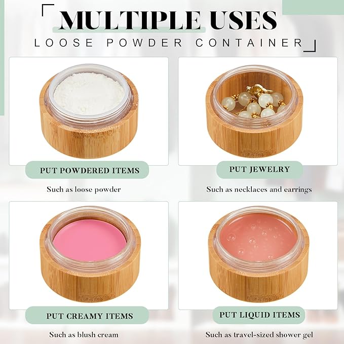 Frienda 10 ml Bamboo Loose Powder Puff and Container Empty Dusting Powder Jar for Body Face Makeup Travel Box Compact Case Holder with Sifter Lids and Puff