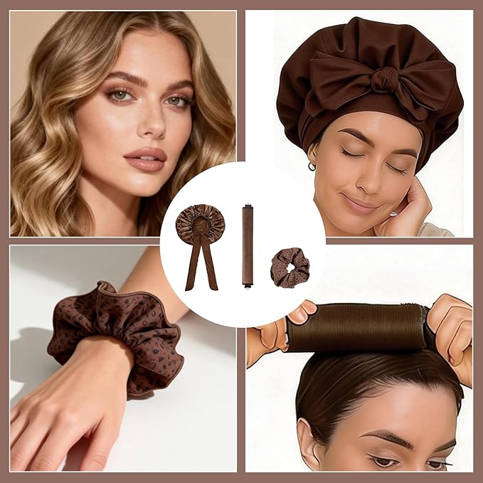 8 Pcs Overnight Blowout Rods Set, 6 heatless curls overnight Heatless Curls Overnight Blowout Rods with 1 Sleep Cap and 1 Brown leopard-print hair tie Blowout Rods for Easy Curling