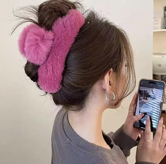 YOYLMAL Large Faux Fur Hair Claw Clip for Women, 5.1 Inches Winter Fluffy Fuzzy Hair Clips, Nonslip Strong Hold Furry Big Jaw Clamp for Thick Long Hair (Rose Red)