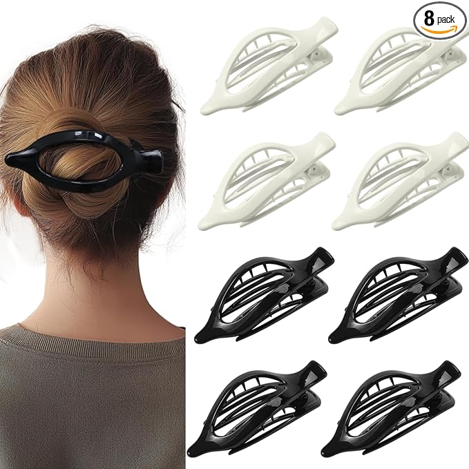 8 Pack Glossy Black and White Flat Hair Clips – High-Shine Claw Clips for Women, Non-Slip Strong Hold Hair Accessories for Daily Styling, Minimalist Fashion Clips for Work or School