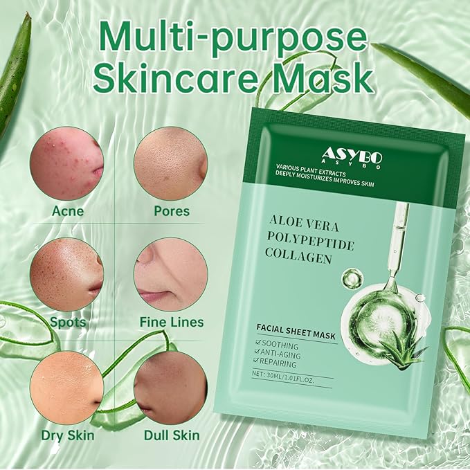 Pack of 10 Collagen Face Mask, Aloe Vera Polypeptide Collagen Facial Masks Skincare, Moisturizing Facial Sheet Mask for Acne, After Sun, Claming, Anti-Aging and Anti-Wrinkle
