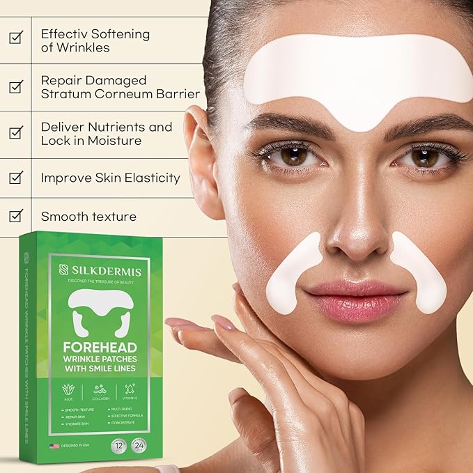 SILKDERMIS Forehead Wrinkle Patches 12Pcs, Smile Line Patches 24pcs with Aloe, Collagen, Vitamin E, Anti Wrinkle Patches, Anti Wrinkle Patches