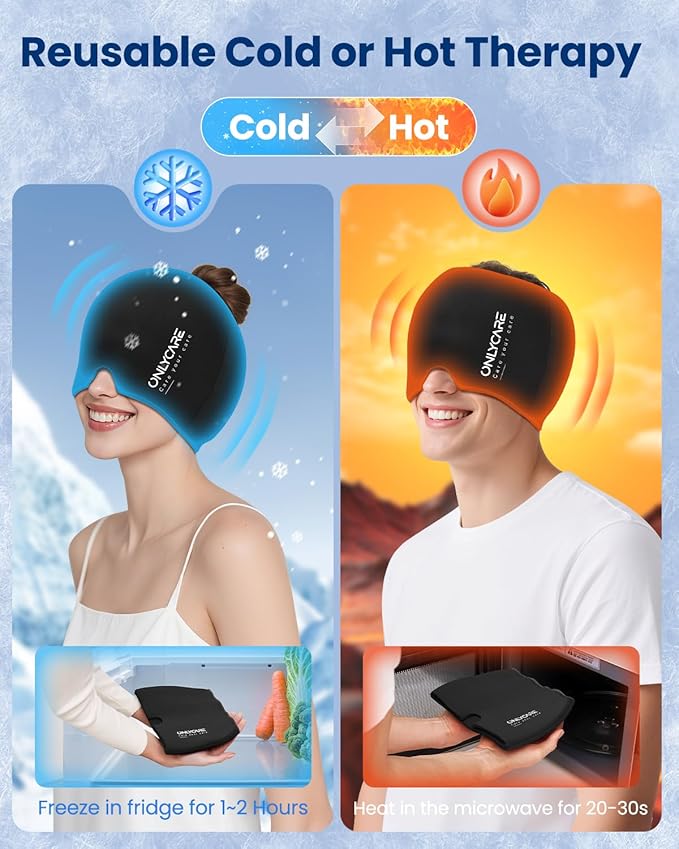 ONLYCARE Migraine Relief Cap, Upgraded Headache Relief Cap with Odorless Reusable Gel Head Wrap, Soothing Face Ice Pack Mask Products with Hot & Cold Therapy for Tension, Stress, Hangover & Puffy Eyes