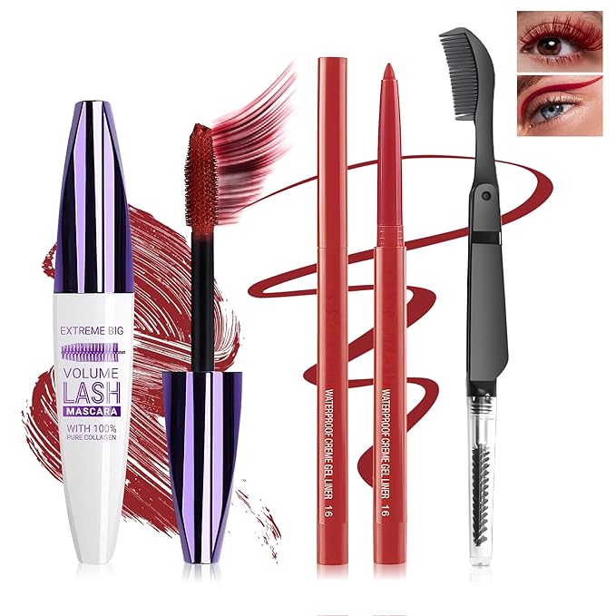 Burgundy Mascara and Eyeliner Set,5D Colored Mascara Volume and Length Waterproof,Natural Curling Lengthening,Suitable for Women Eye Makeup